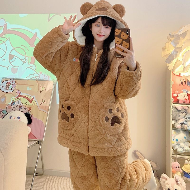 特厚三层夹棉家居服冬季保暖拉链连帽加肥大码200斤胖mm加厚棉袄