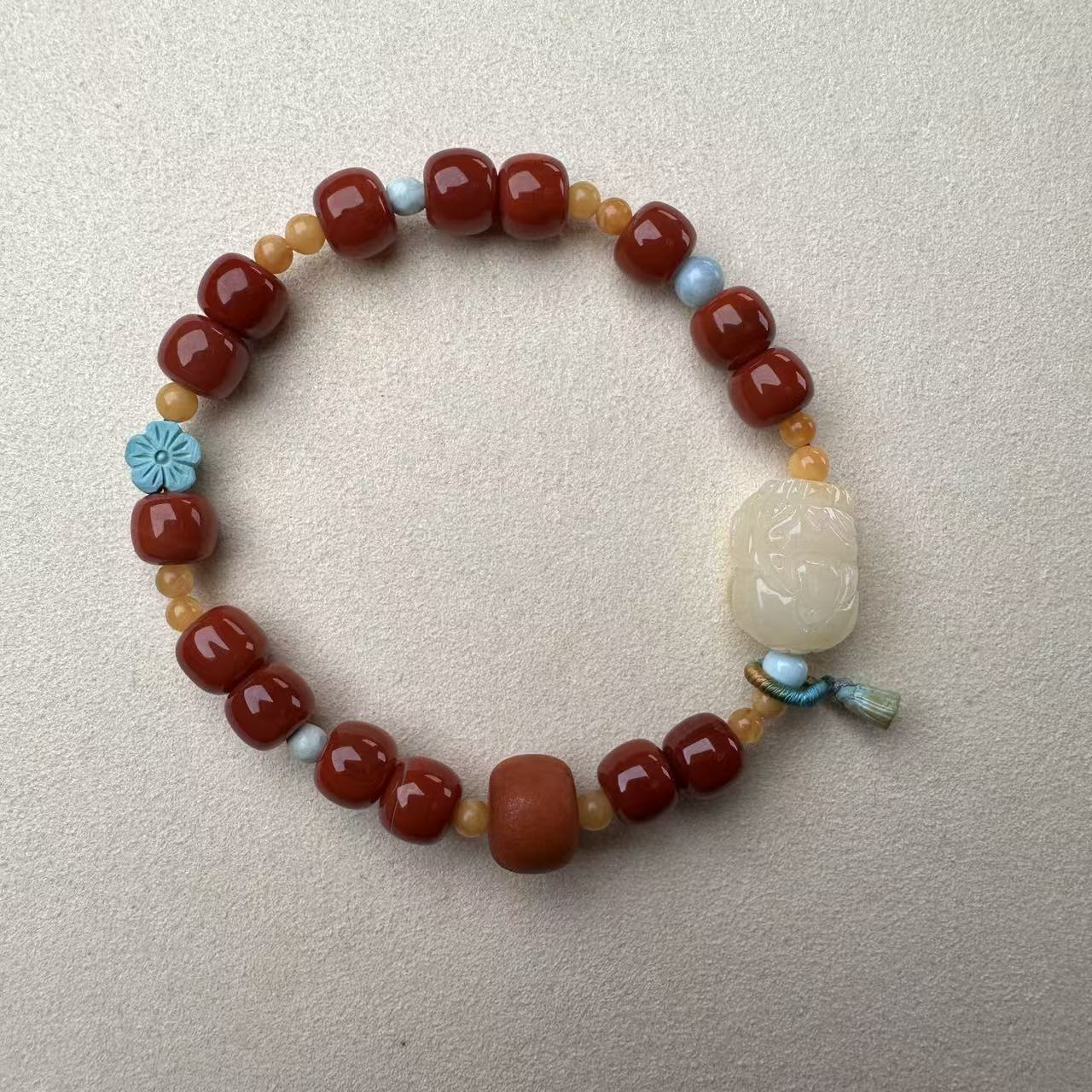 收藏级头货瓦西原矿南红柿子红沁色玫红老型珠N075