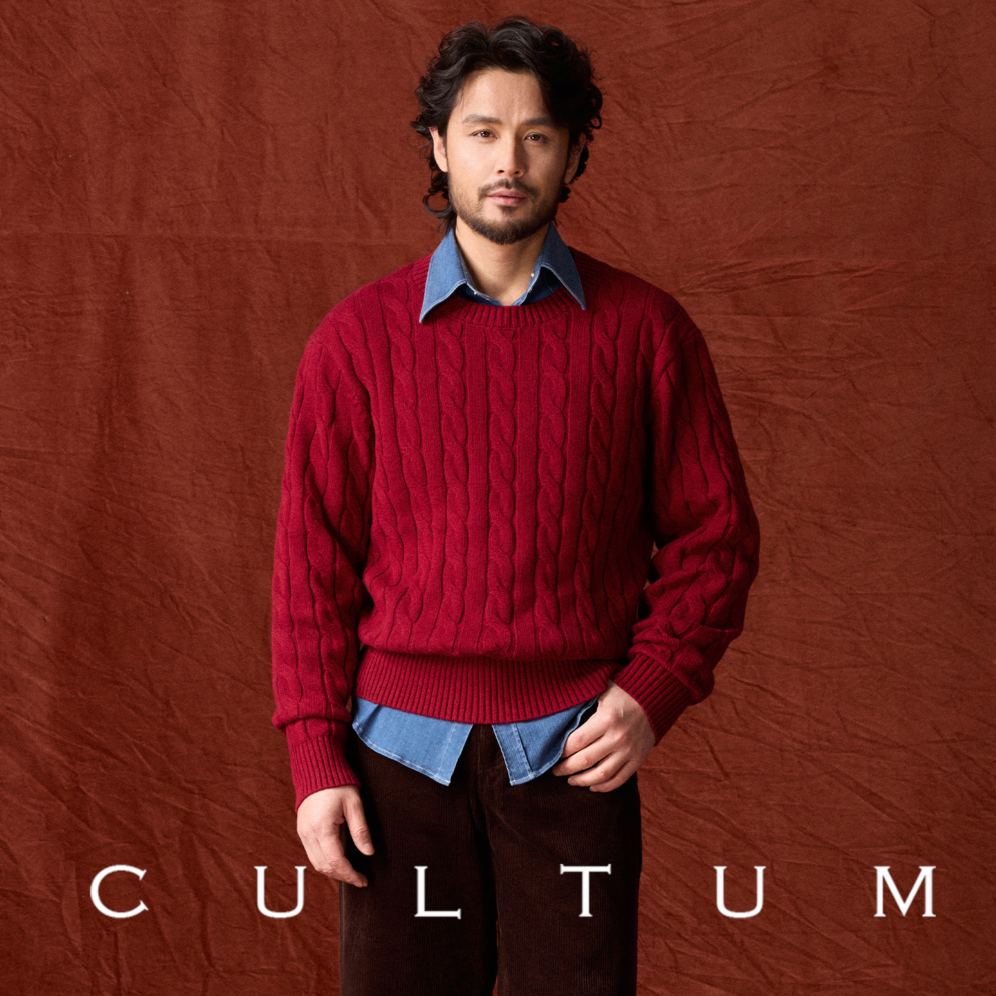 CULTUM复古圆领绞花新年马年本命年红色针织衫男圣诞套头毛衣内搭