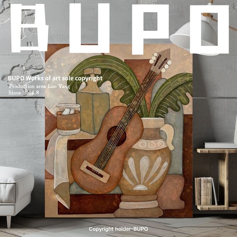 莫兰迪油画客厅吉他装饰画玄关复古艺术挂画餐厅中古风墙壁画