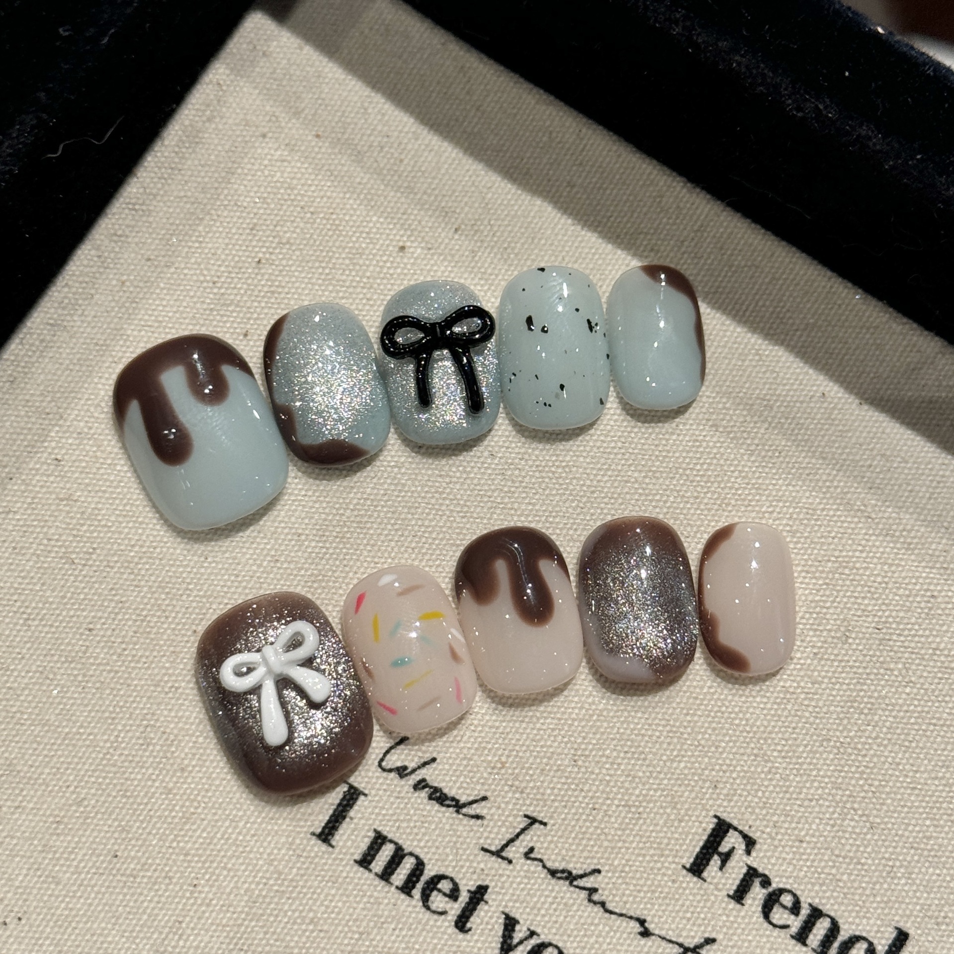 可爱短款巧克力甜心纯手工穿戴甲立体蝴蝶结显白气质美甲