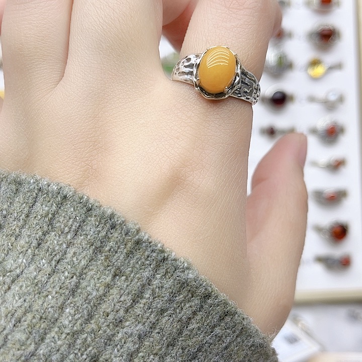 蜜蜡戒指银S925镶嵌天然