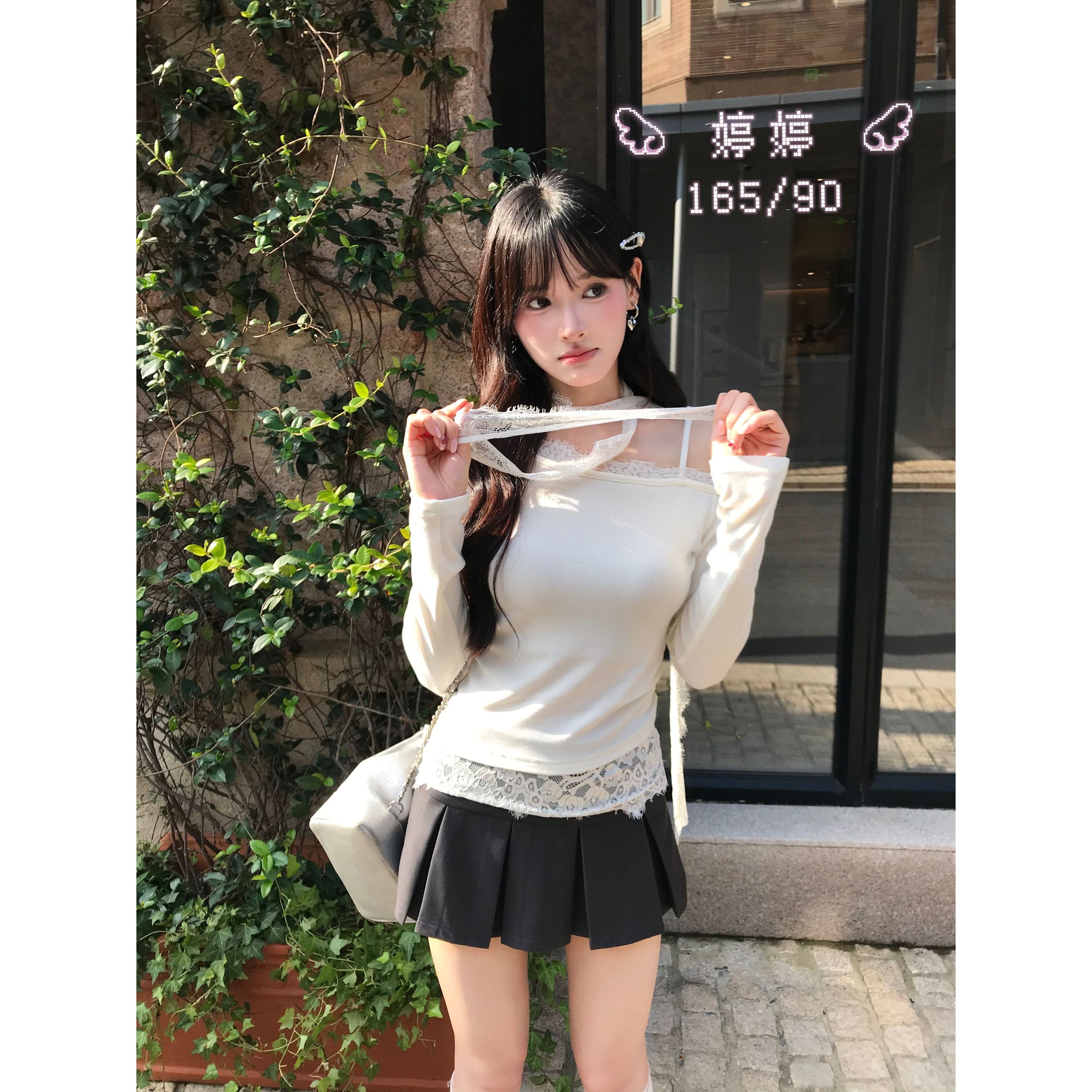 【恋爱日记】韩系纯欲风斜肩不规则拼接辣妹百搭长袖T恤5Q320