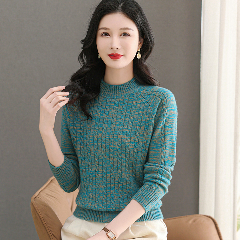 羊毛混纺加厚保暖麻花半高领女士秋冬季打底毛衣洋气内搭长袖加厚