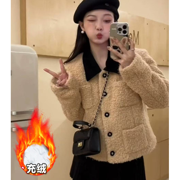 网红宽松外套小香内胆外套女2025秋冬季加厚保暖撞色翻领上衣服