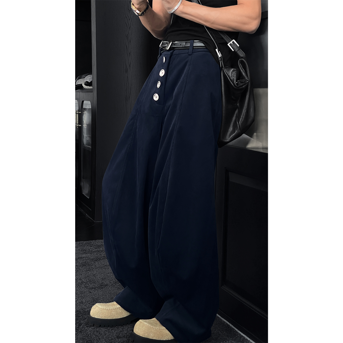 龙叨叨秋冬新品美式复古重磅设计感休闲裤男潮牌宽松休闲弯刀长裤