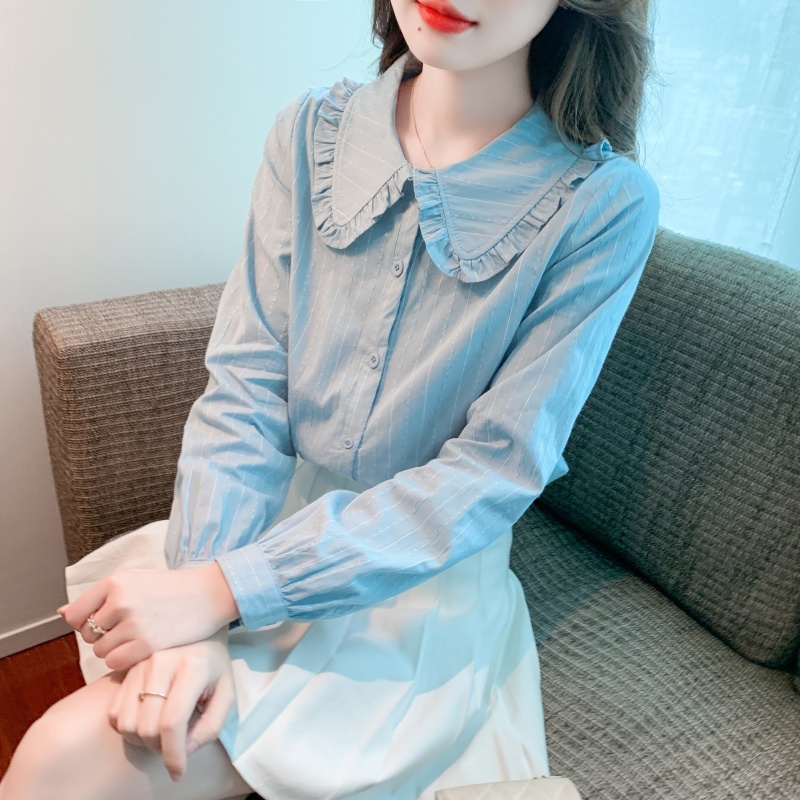纯棉衬衫女长袖2025年秋季新款百搭设计感甜美娃娃领女士修身上衣