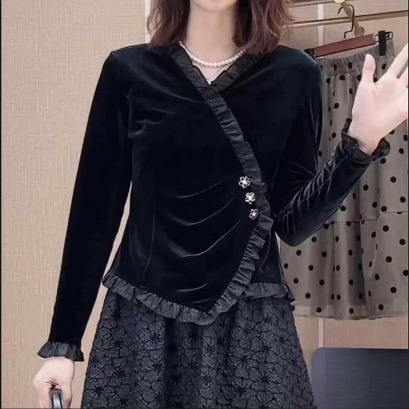 荷叶边长袖小衫秋装女款2024新款洋气时髦V领t恤不规则打底衫时尚