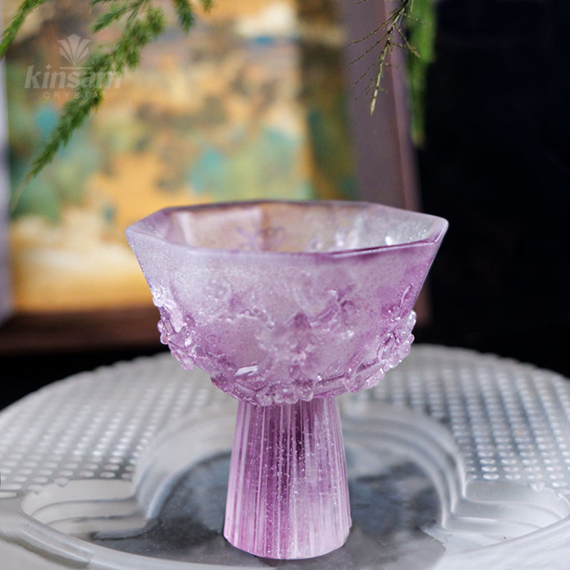 【KNIGHT水晶工坊】古法琉璃紫色梅花八方茶杯隔热家用高足创意茶具