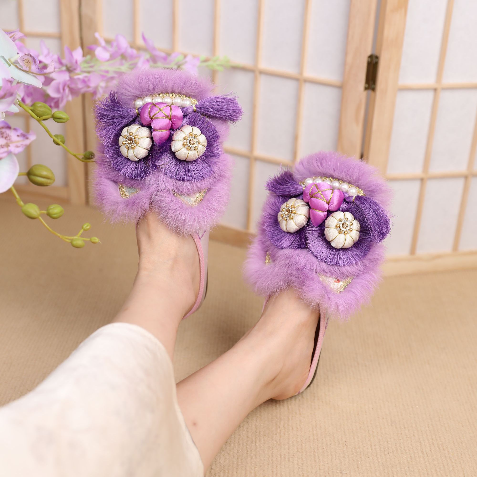 【紫气东来】手工虎头鞋拖鞋潮复古国风新中式女鞋民族鞋绣花鞋紫色