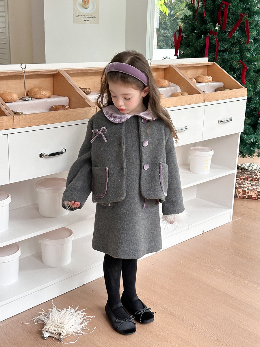 拉萨发货 女童毛呢连衣裙套装2025新款加绒背心裙女宝宝小香风裙