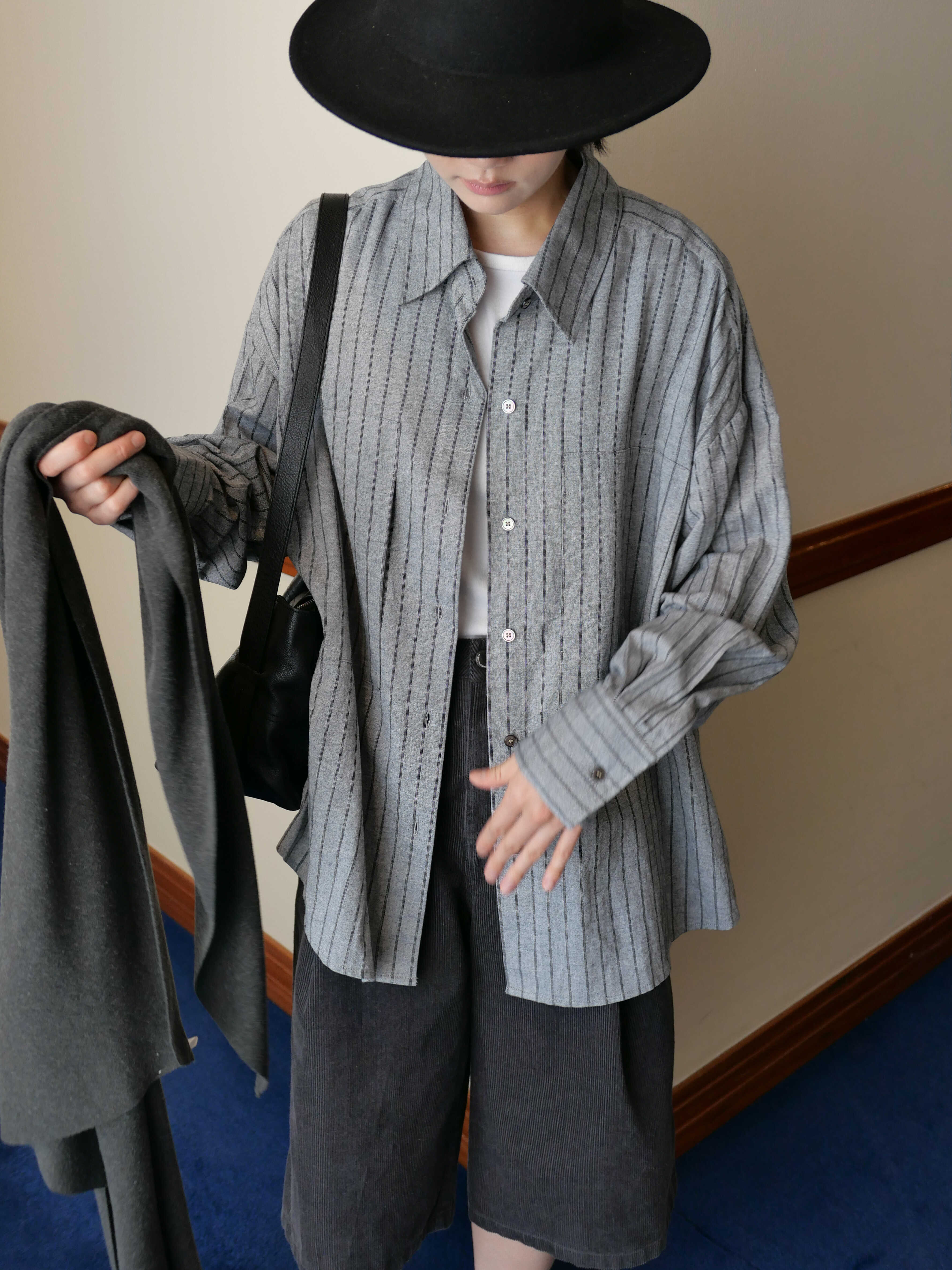 秋季新款韩版气质翻领宽松慵懒显瘦百搭休闲条纹衬衫上衣01697