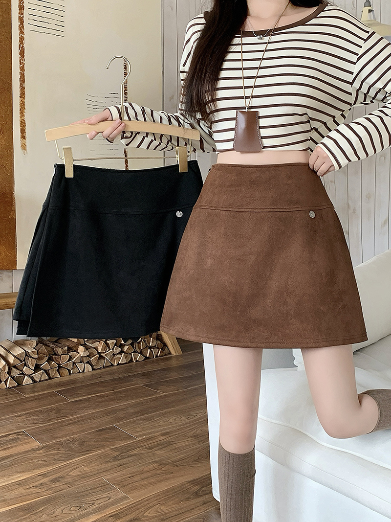 2025秋装新款胖mm大码女复古麂皮绒侧开叉高腰显瘦a字裙裤23025