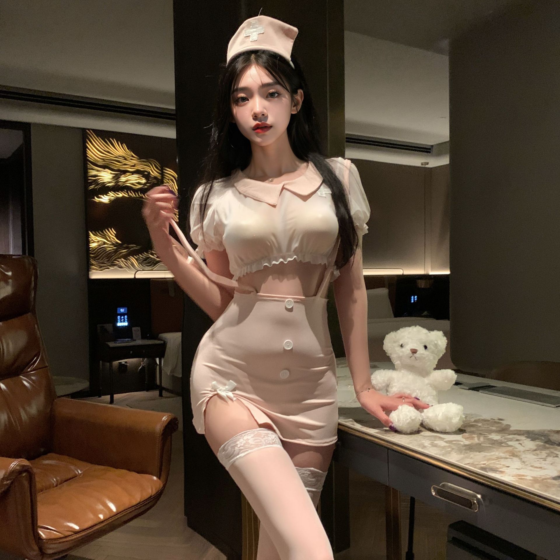 女款情侣纯欲战袍内衣角色扮演可爱制服包臀护士纽扣褶皱蝴蝶结睡