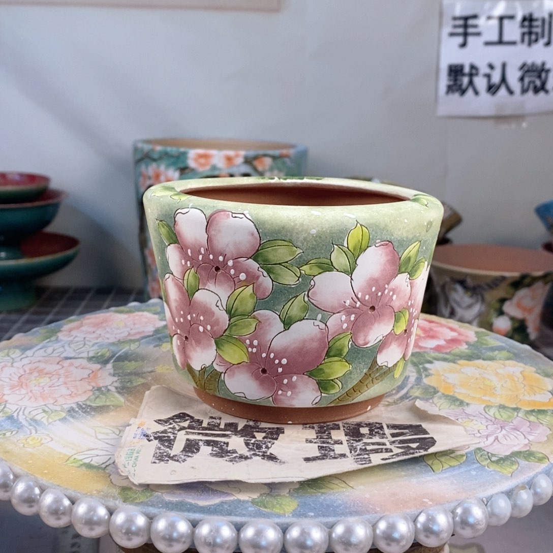 紫砂花盆红陶手绘花盆
