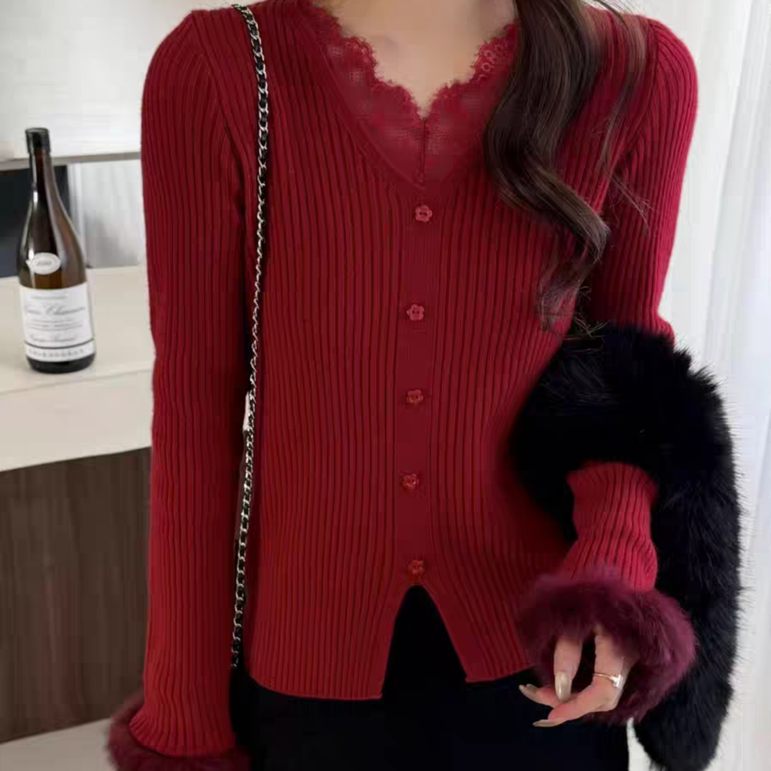 彬彬家秋冬法式羊毛蕾丝拼接毛袖宽松显瘦长袖美丽诺上衣572