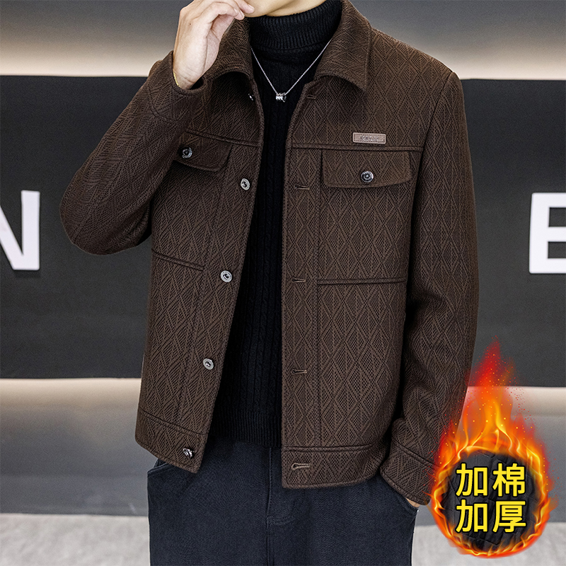 2025男士翻领上衣修身拼接春秋季毛呢大衣帅气免烫加厚短款呢子