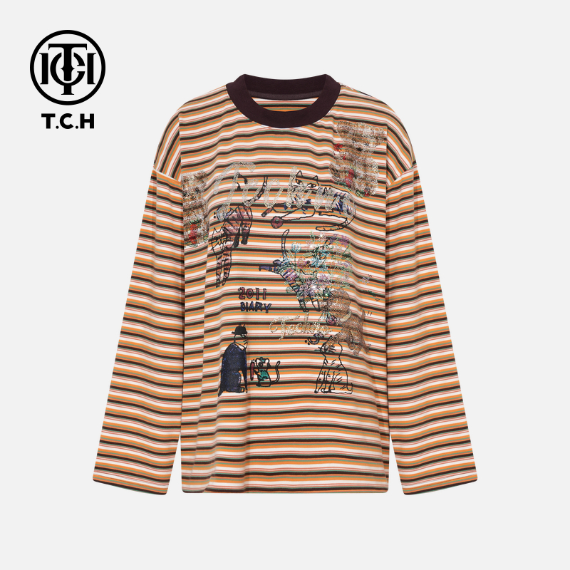 TCH【流行时尚】冬季卡通烫钻橙色休闲风长袖T恤女装T75D08E1006