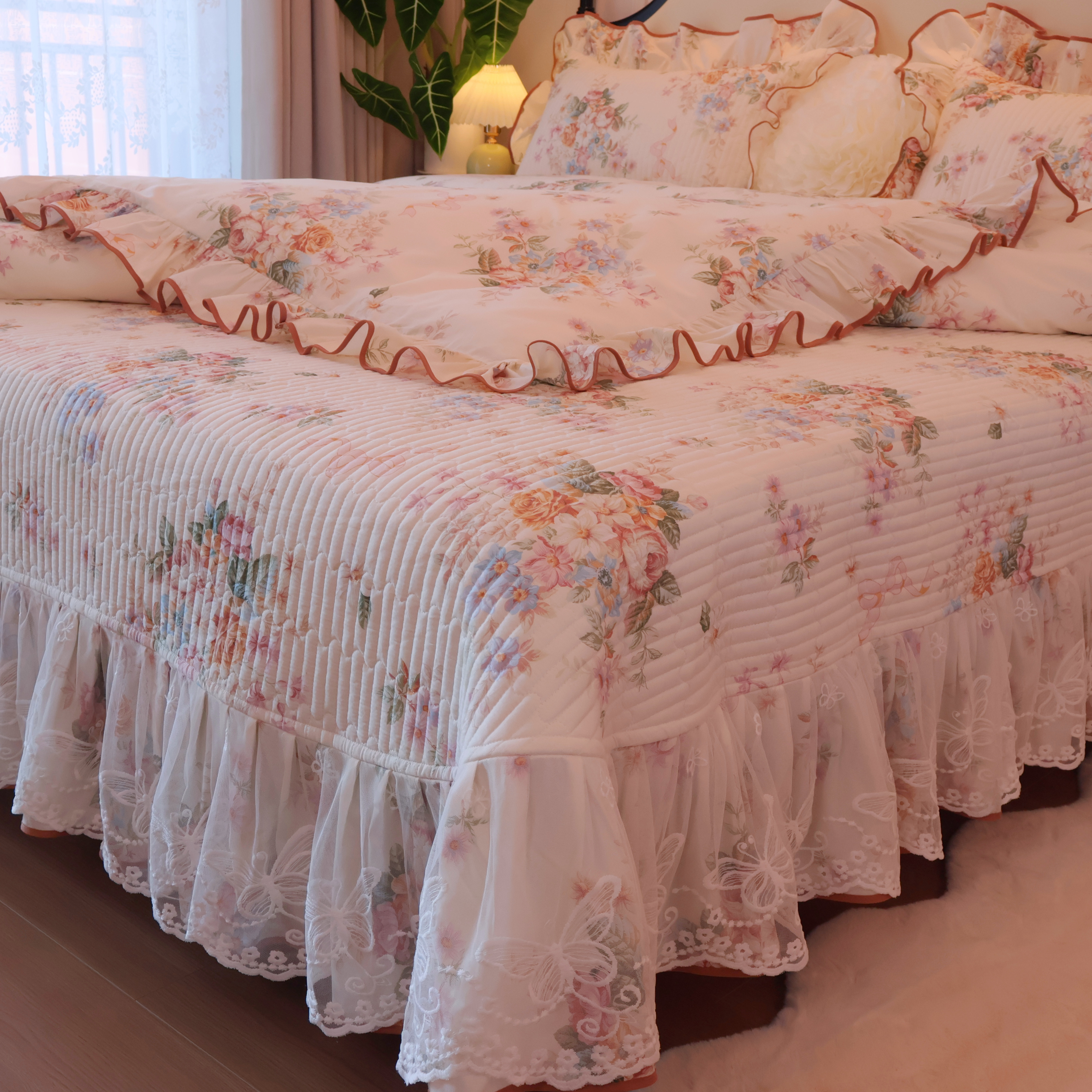 【真珍】鎏金岁月床盖系列 全棉法式公主风蕾丝加厚防滑床盖四件套