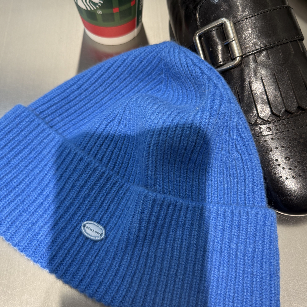 设计师家纯翻边针织帽子百搭保暖蓝色秋冬冷帽冬季女