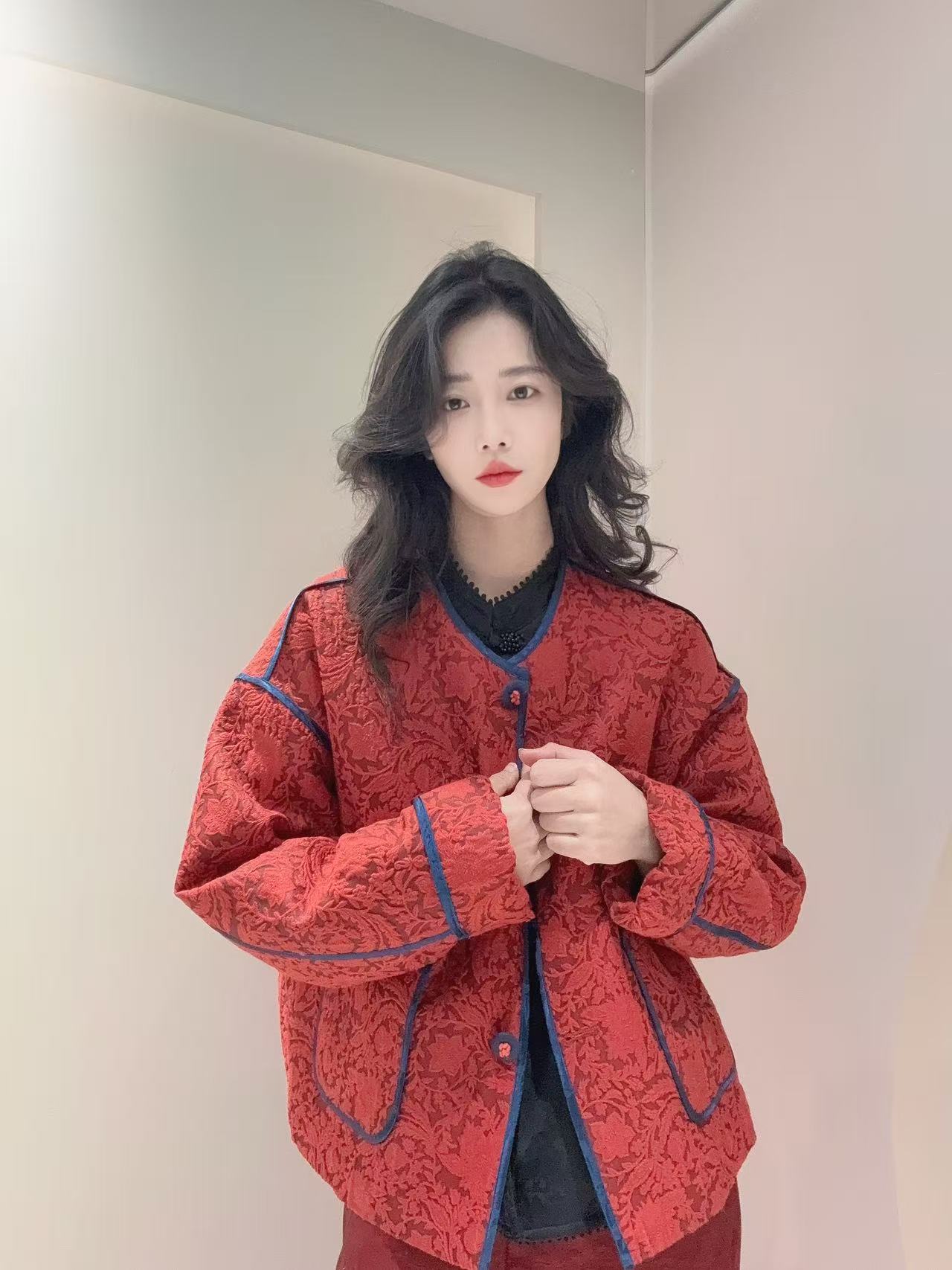 九月  一路长红    新款中式显瘦国风中式夹棉加厚汉服上衣