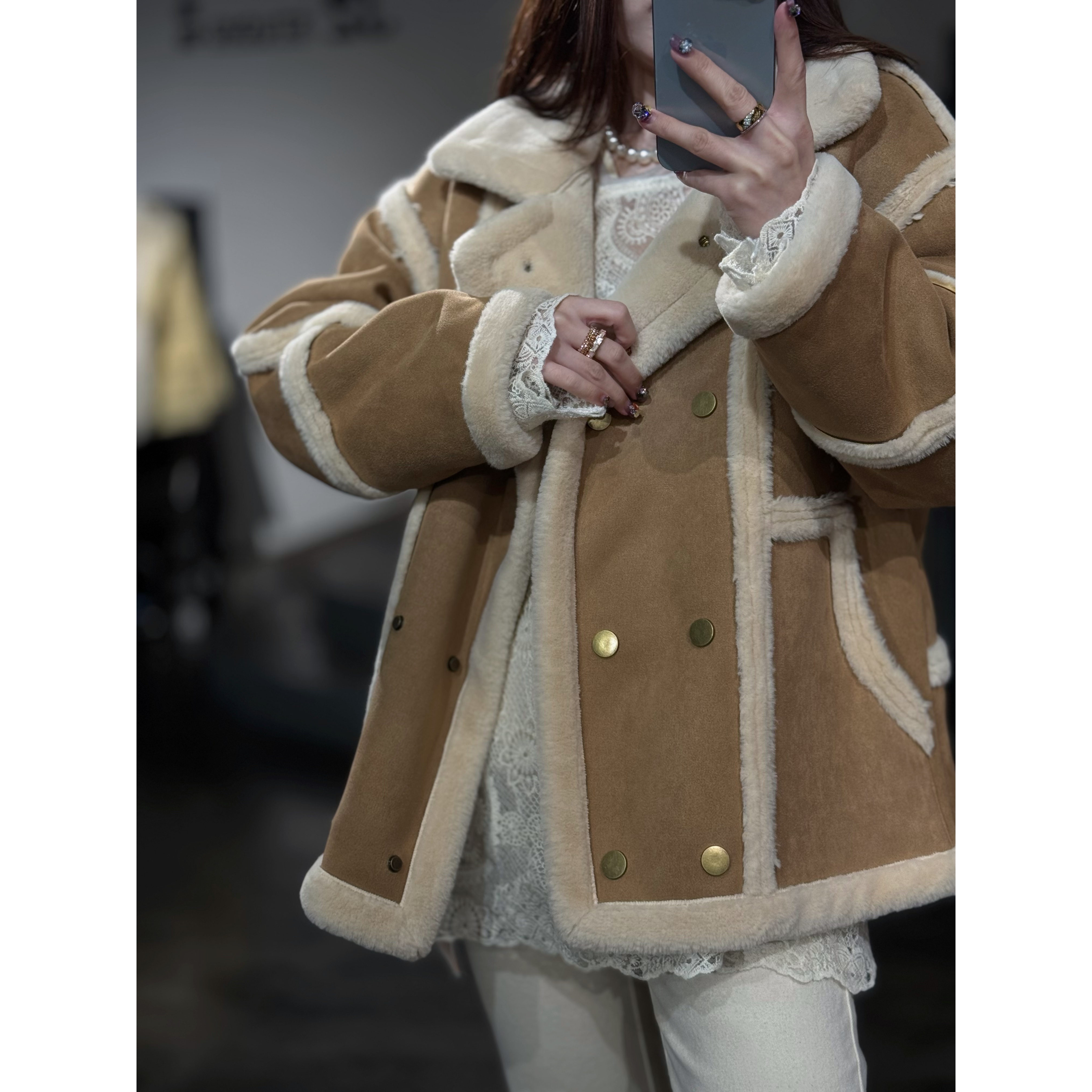 A3大码胖M环保毛韩版冬季双排扣保暖加厚机车立领一体大衣外套