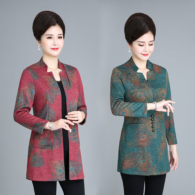 【清仓福利】加绒中长款中老年妈妈装大衣外套纯色花纹-羽毛