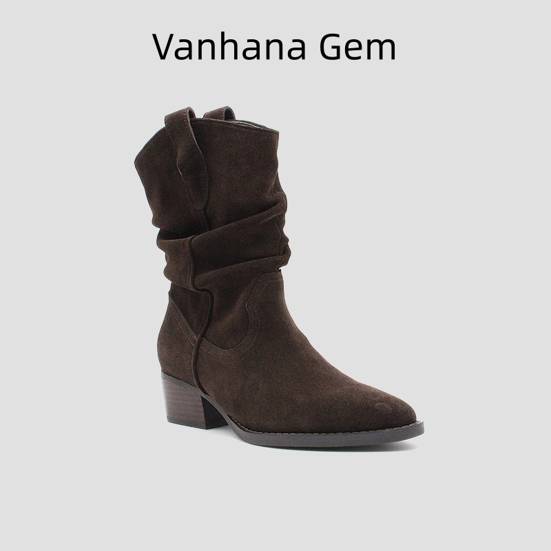 VANHANA GEM 欧货真皮尖头时装靴百搭堆堆筒简约方根短靴