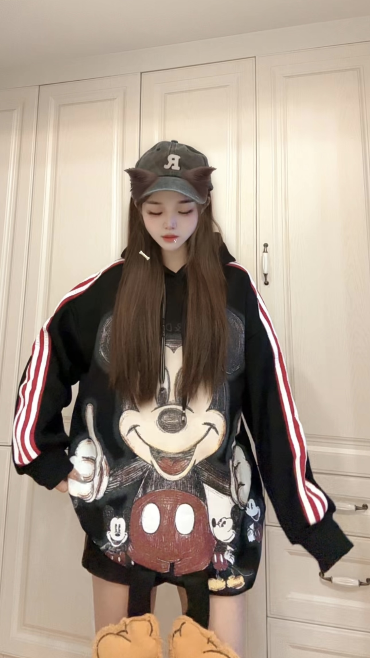 [489加绒连帽卫衣]带脚拉三杠米奇卡通加绒连帽卫衣休闲宽松卫衣