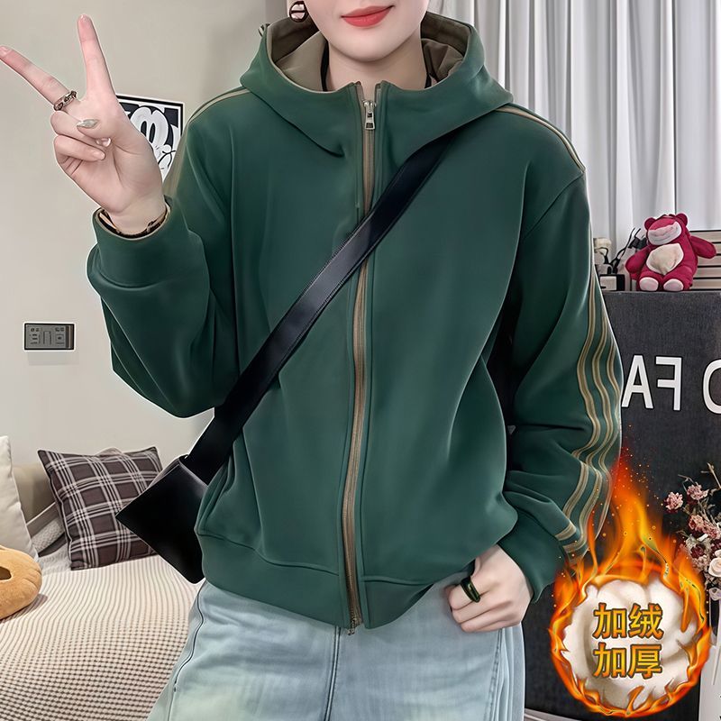 新款洋气连帽双面奥粒绒加厚女秋冬运动短外套百搭时尚上衣