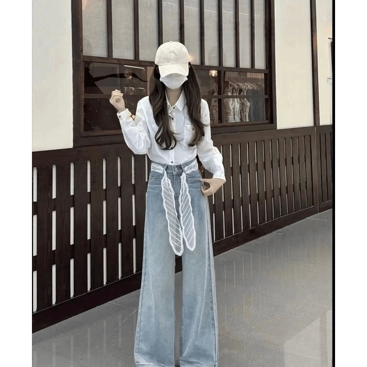 【现货+运费险】2025早秋新款冰川蓝韩版高腰阔腿直筒牛仔裤女百搭 