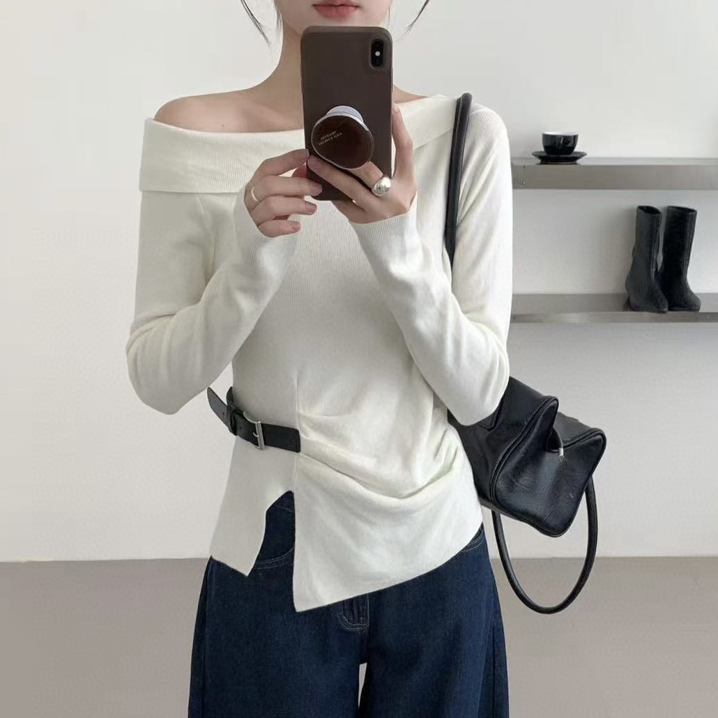 2025早秋新款韩版高级感皮带扣设计感长袖针织衫女显瘦开叉上衣潮