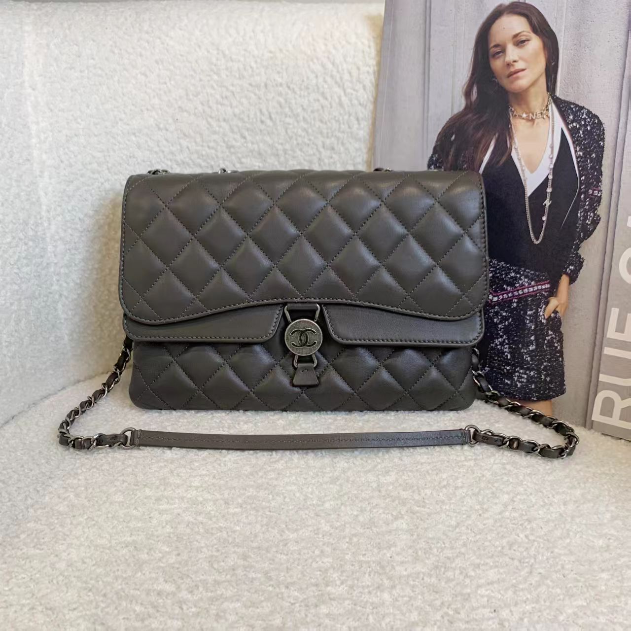 99新 Chanel/香奈儿 壹臻/石墨灰牛皮口盖包 21开 28292477