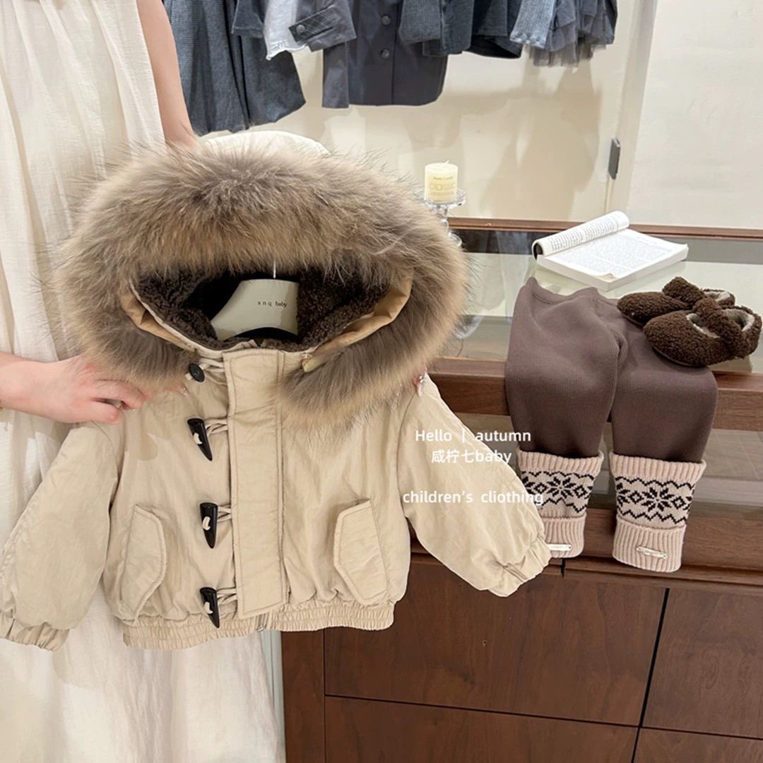 韩系夹克式加绒兔毛棉服2025新款秋冬毛帽子儿童加厚保暖派克服