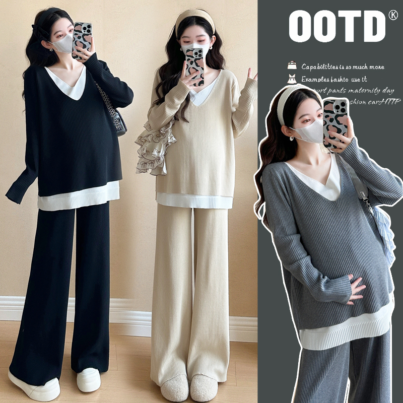 孕妇套装秋季新款大码假两件拼接针织慵懒气质时尚宽松孕妇两件套