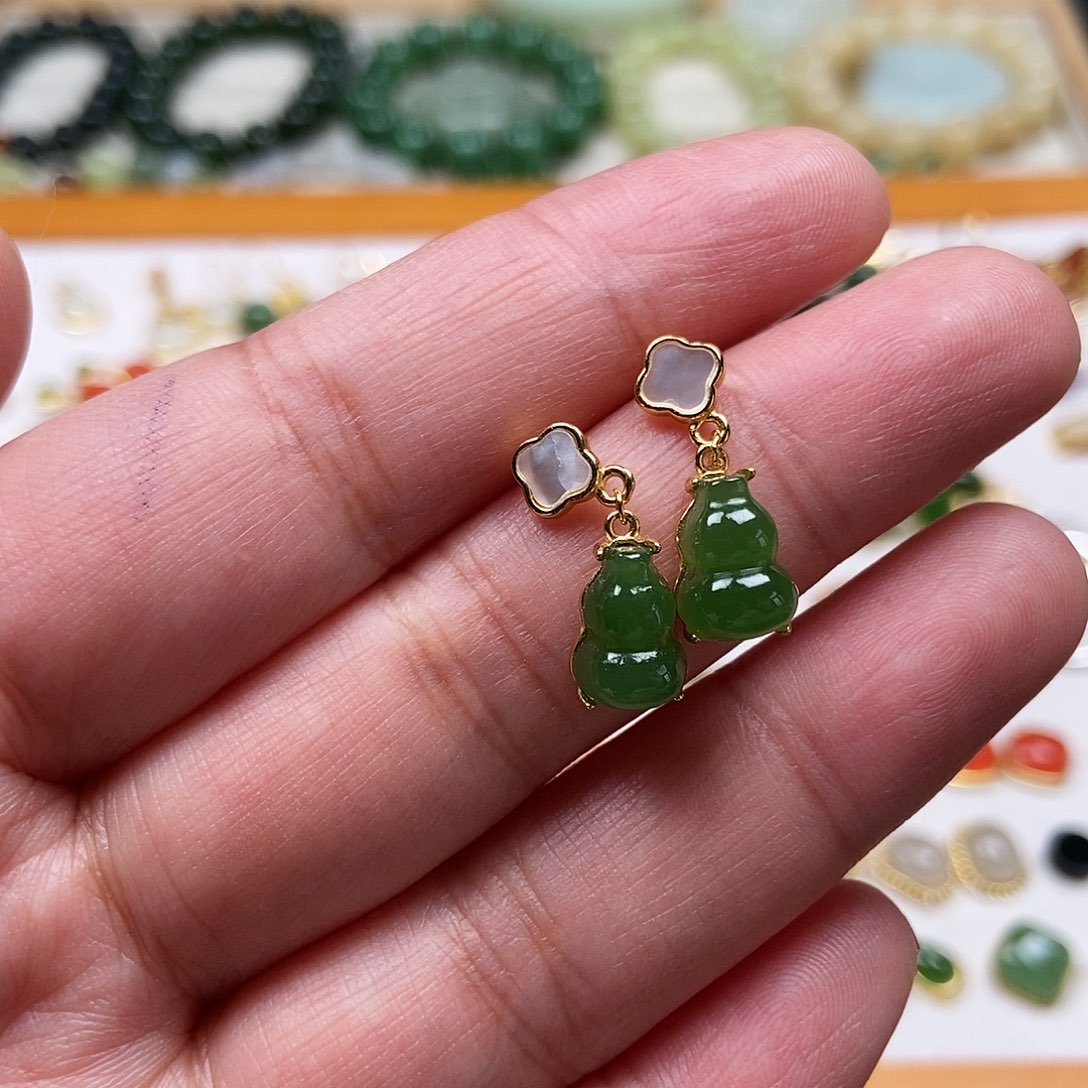 和田玉耳饰银S925镶嵌