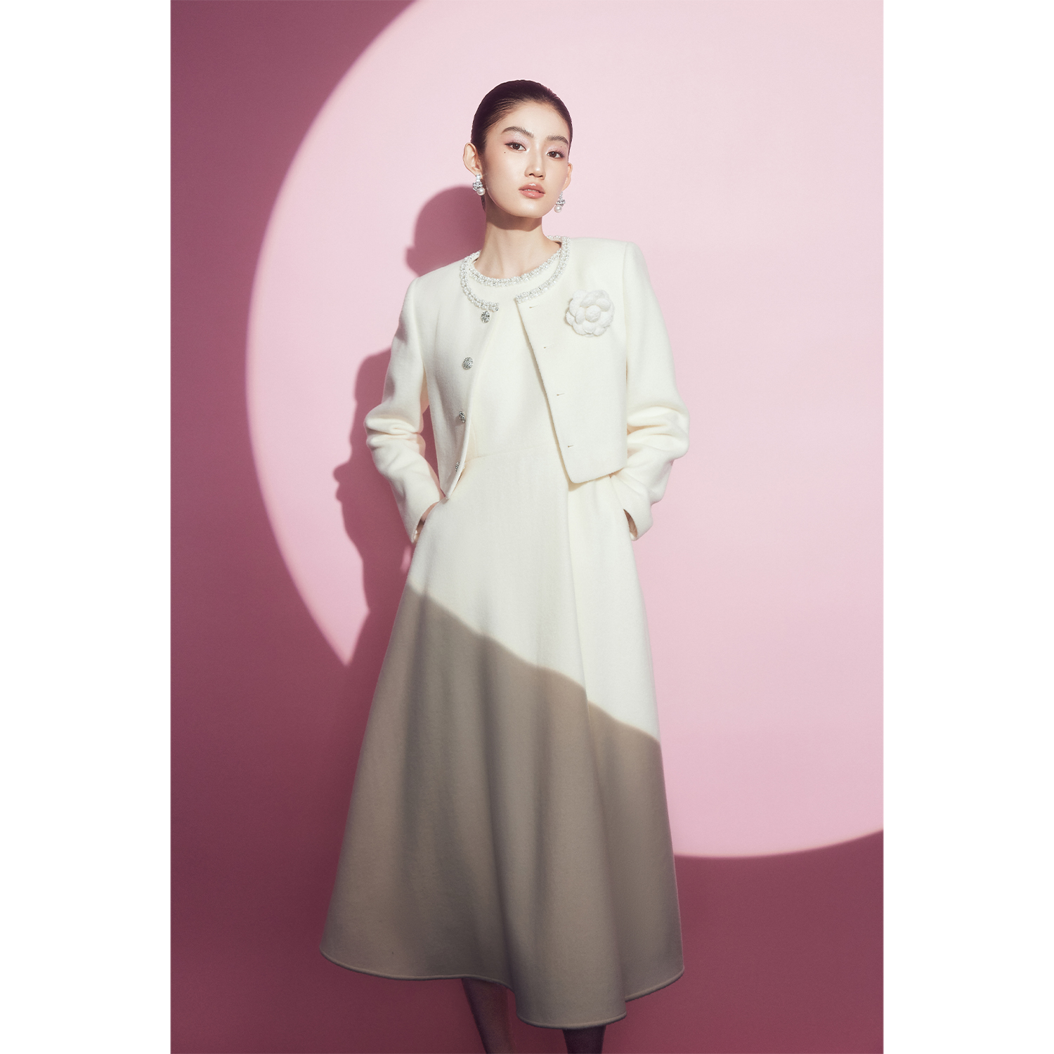 MandyZhang白月光钉珠镶钻100%羊毛呢外套女秋冬气质短款大衣