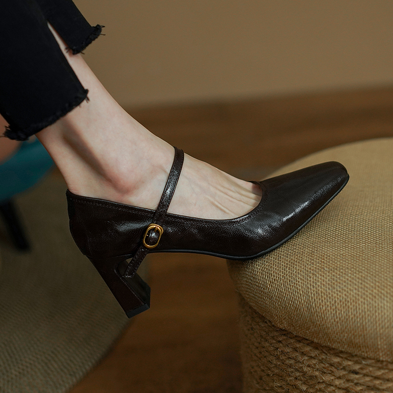 羊皮7厘米 34-40气质百搭复古法式粗跟高跟方头浅口一字带单鞋