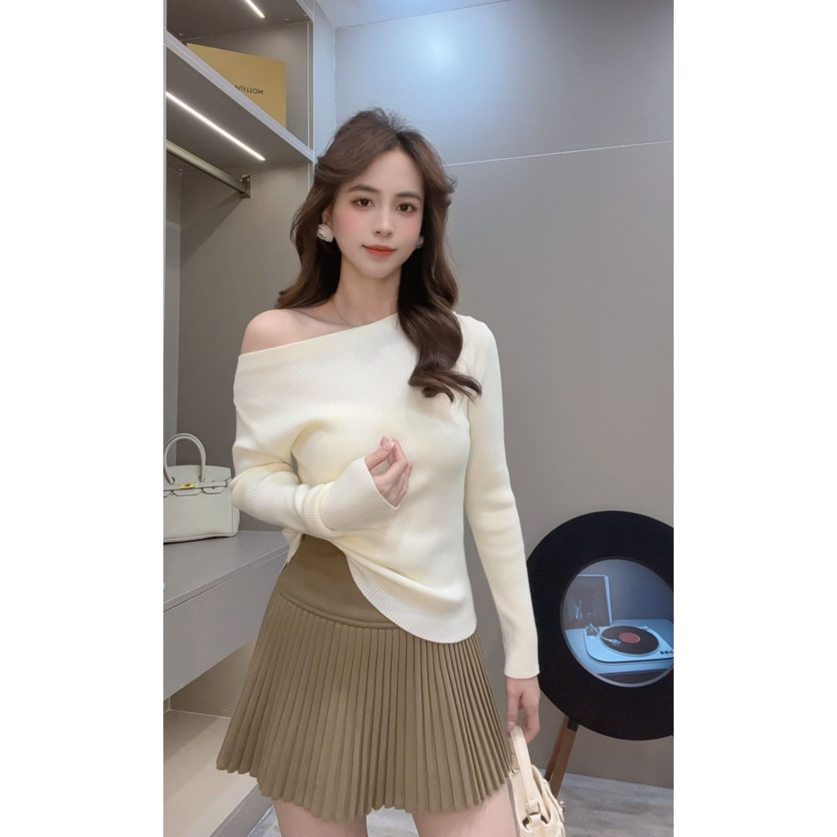 敏敏推荐【圆领斜肩两穿】气质修身时尚套头显瘦针织衫上衣916