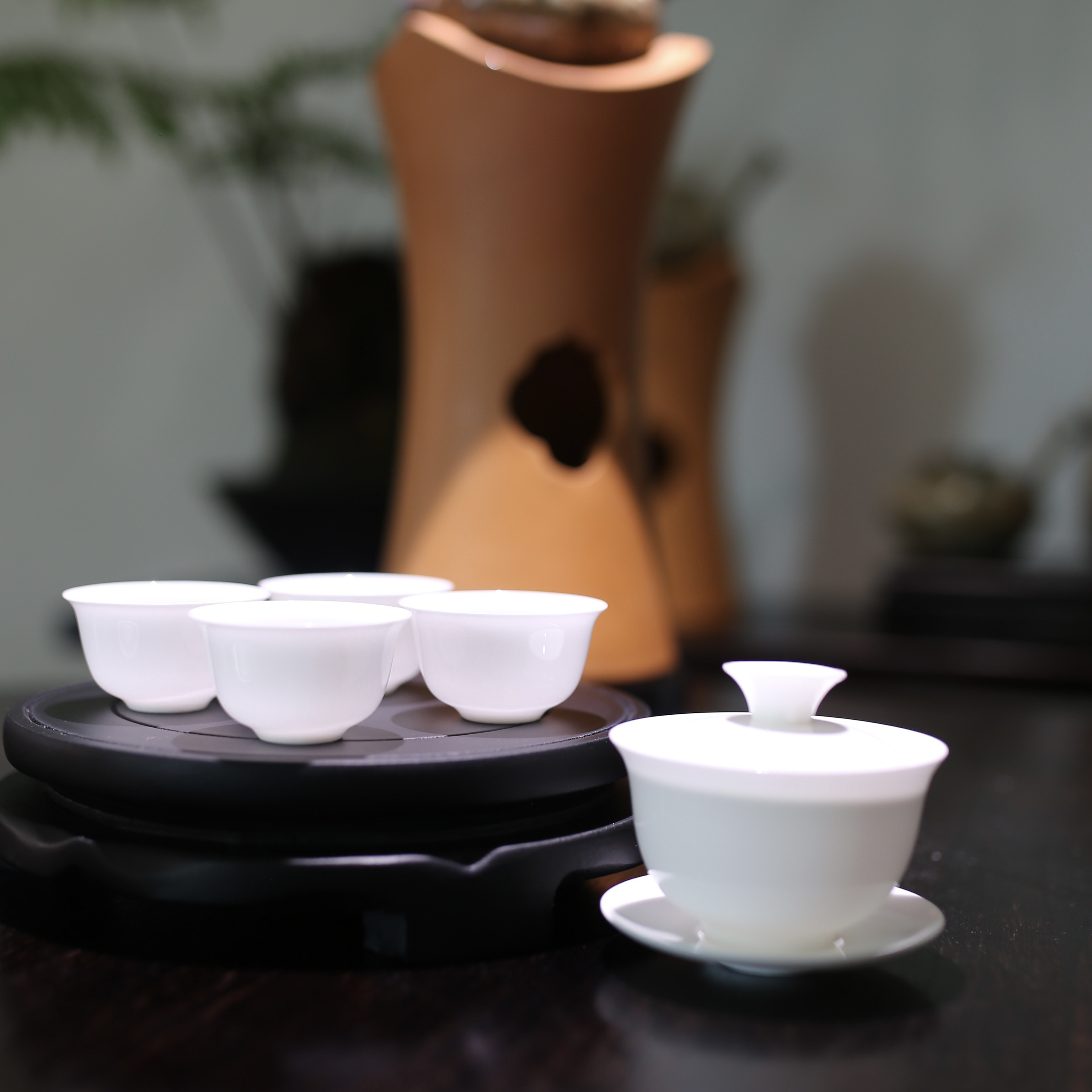 【一碗四杯】潮州骨瓷超薄胎 悬停旋转盖碗 100ml 120ml