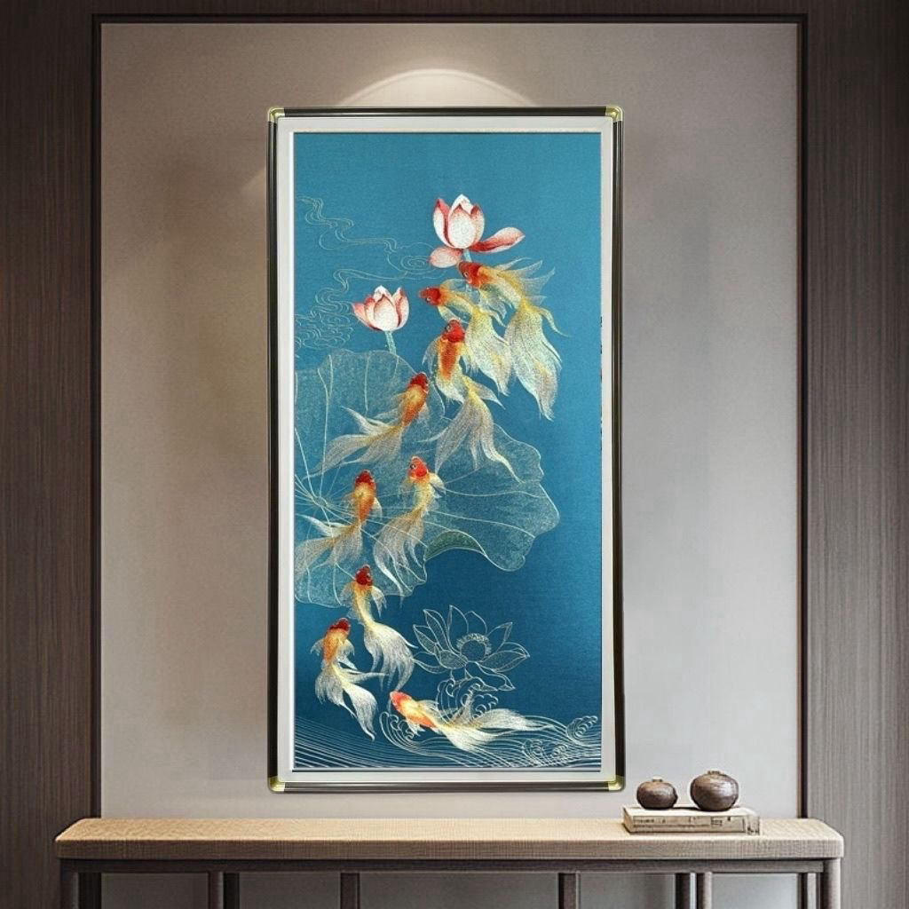 荷花九鱼荔枝九鱼新中式（荷花九鱼图合集）实木框客厅玄关装饰画