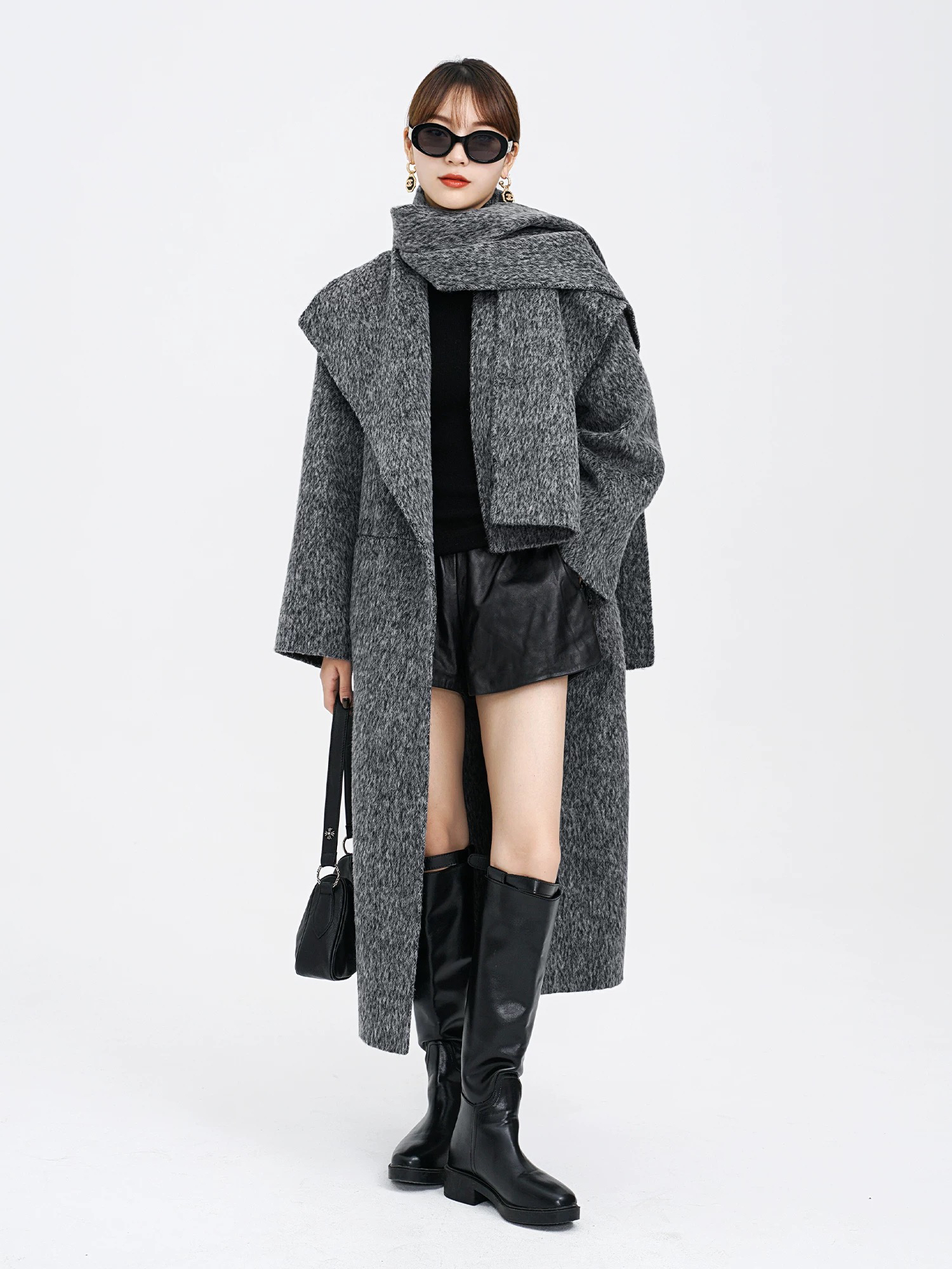 常规保暖V领毛呢外套毛呢呢大衣灰色连帽百搭休闲针织