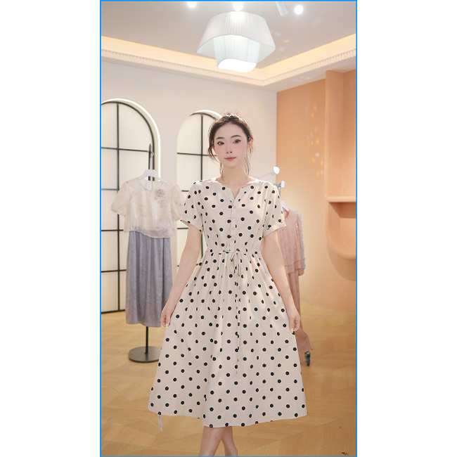 L8684  2025年春夏新款时尚波点法式收腰显瘦中长款连衣裙