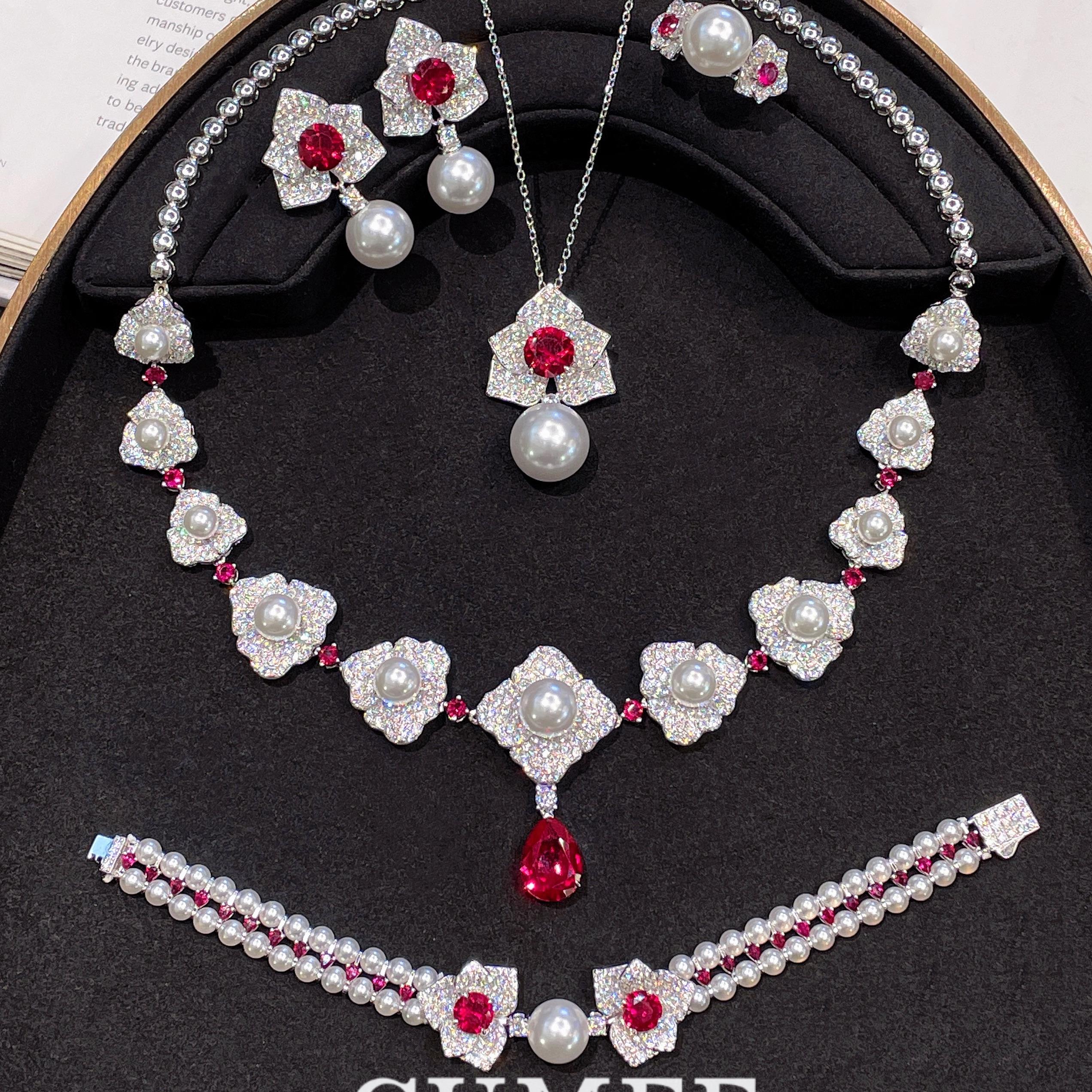 吊坠925银 国风祥云系列 新年推荐 贝珠合成红宝戒指耳坠.银镀金