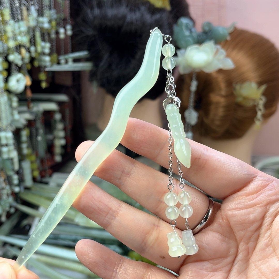 蛇纹石玉发饰未镶嵌长度14厘米左右