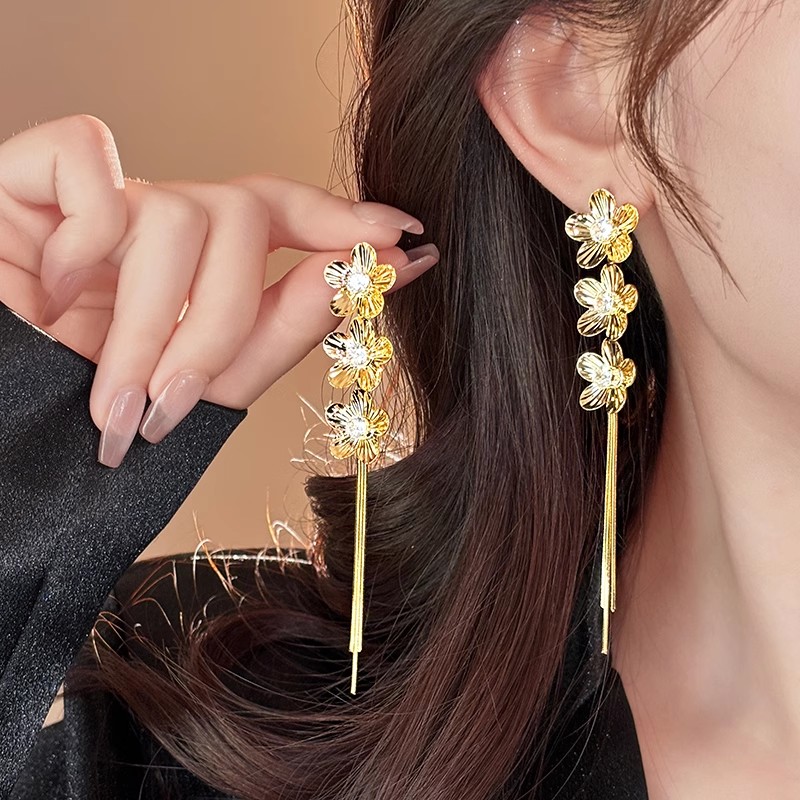 夸张长款金色花朵流苏耳环女高级感3114