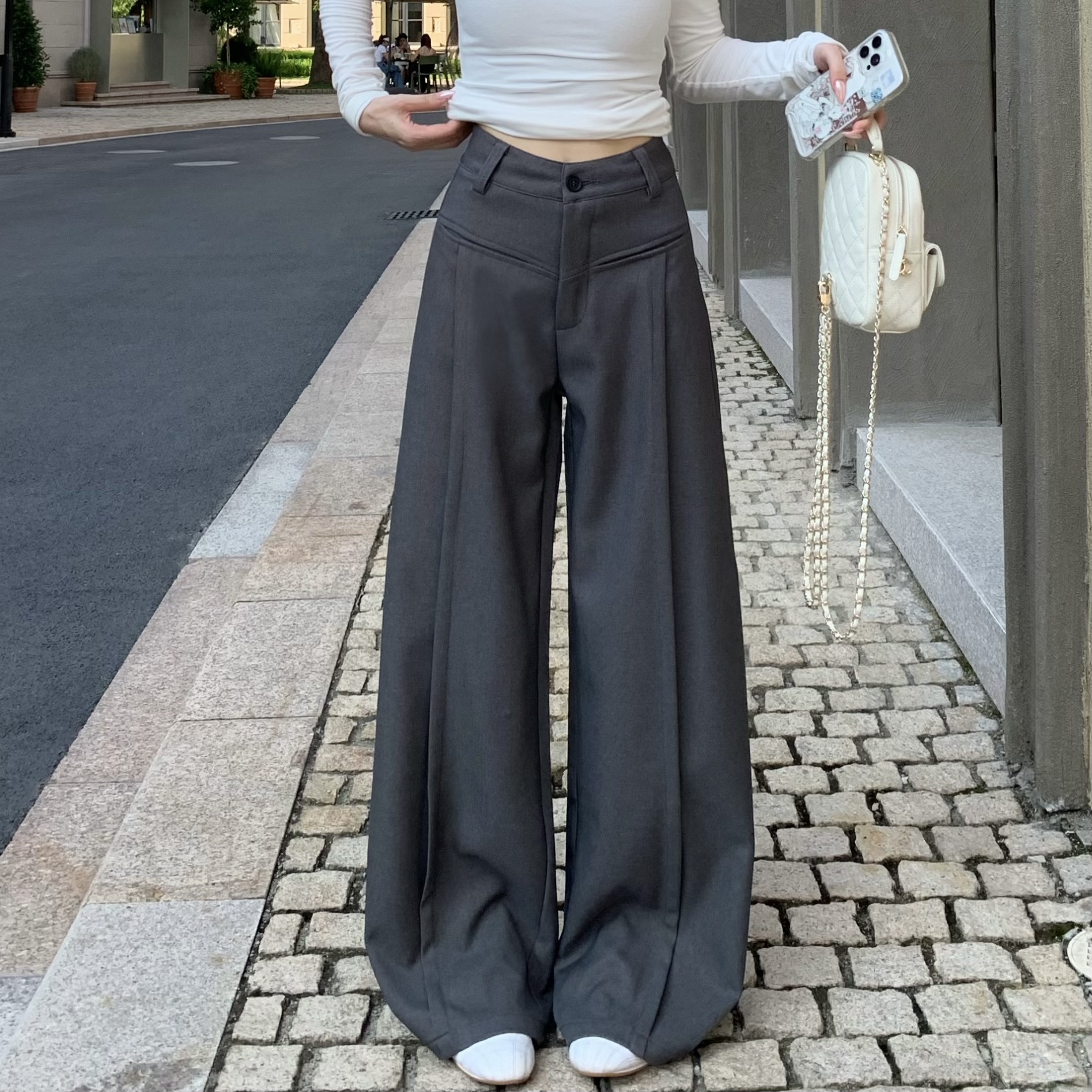 3MER 垂感灰色西装裤女秋季新款宽松显瘦拖地阔腿休闲裤子