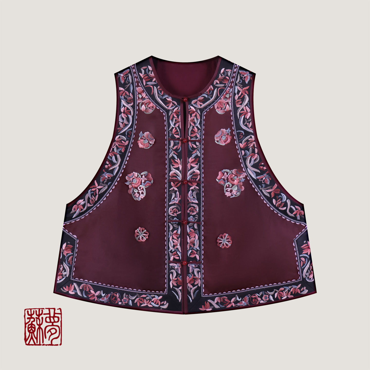 蘇夢【百福具臻】红云纱手绣圆领对襟马甲国风传统民族风0104027