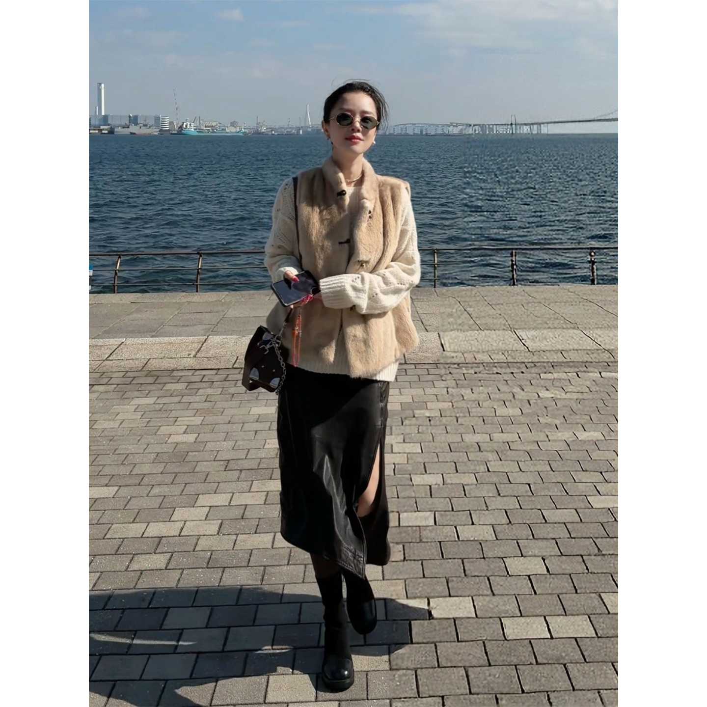 X【叭哒不惑】 胶片卷 绵羊皮植鞣开叉半身裙女时尚显瘦皮裙