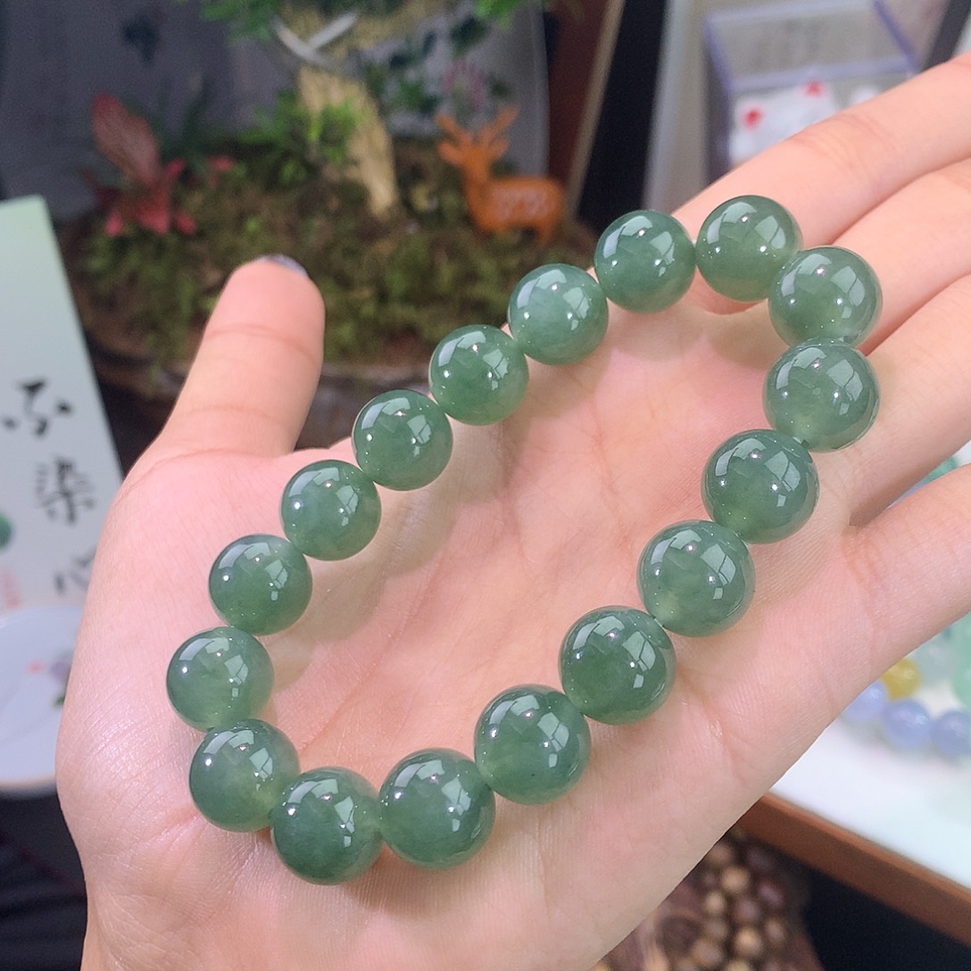 翡翠未镶嵌手链冰种菠菜绿飘花手串卡12mm